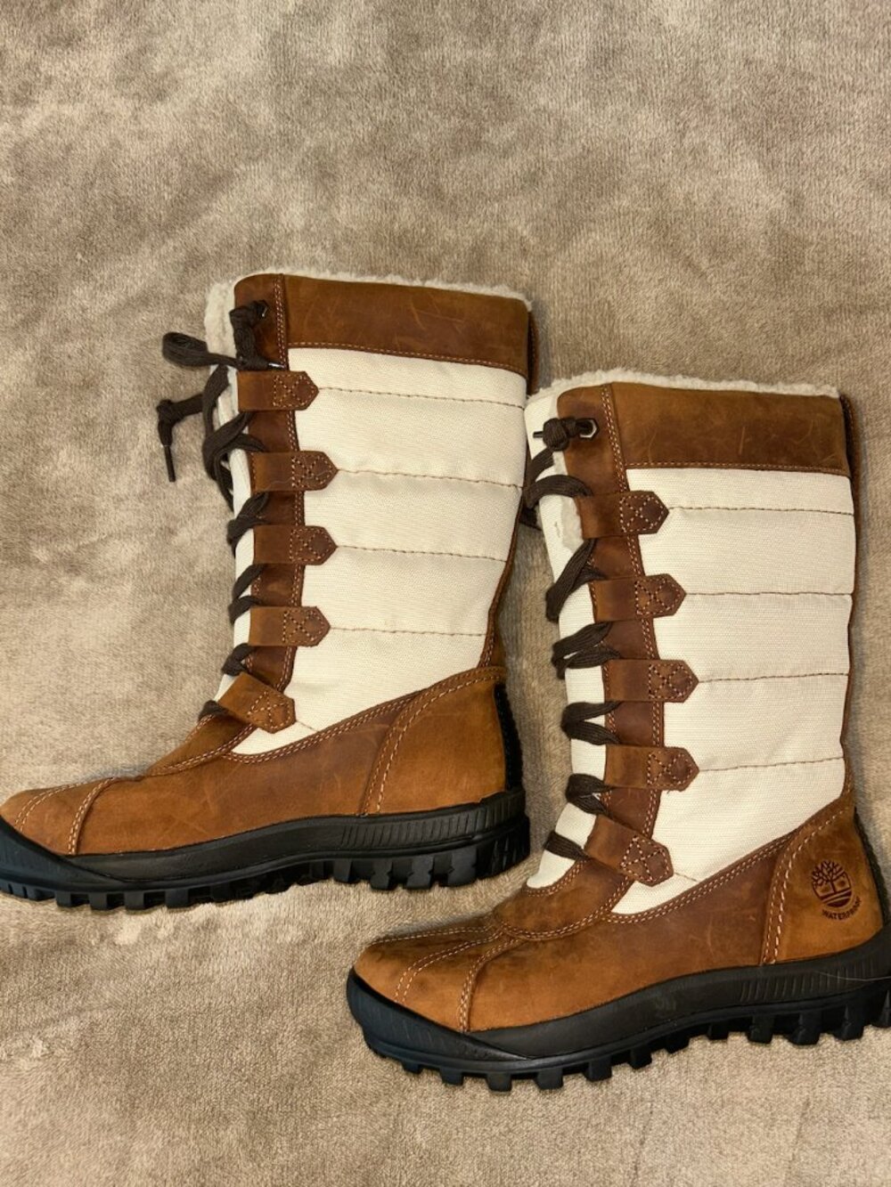 Waterproof Lace-Up Winter Boots | Brown Leather & Cream Quilted | Cozy Lined